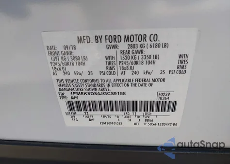 2018 Ford Explorer Xlt из США, поврежденный, VIN 1FM5K8D84JGC89158